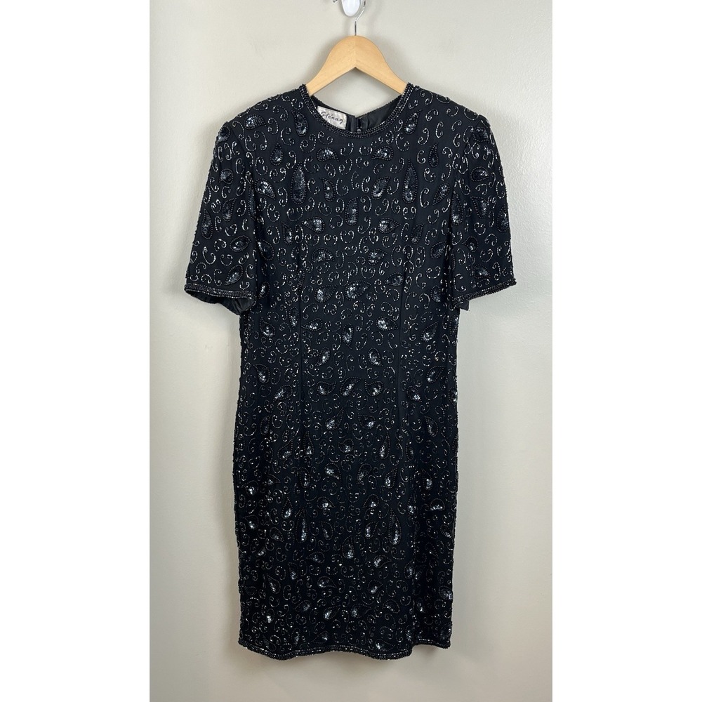 Sténay Vtg Silk‎ Sequin All over Beading Cocktail Dress Silk 90's Retro Sz M